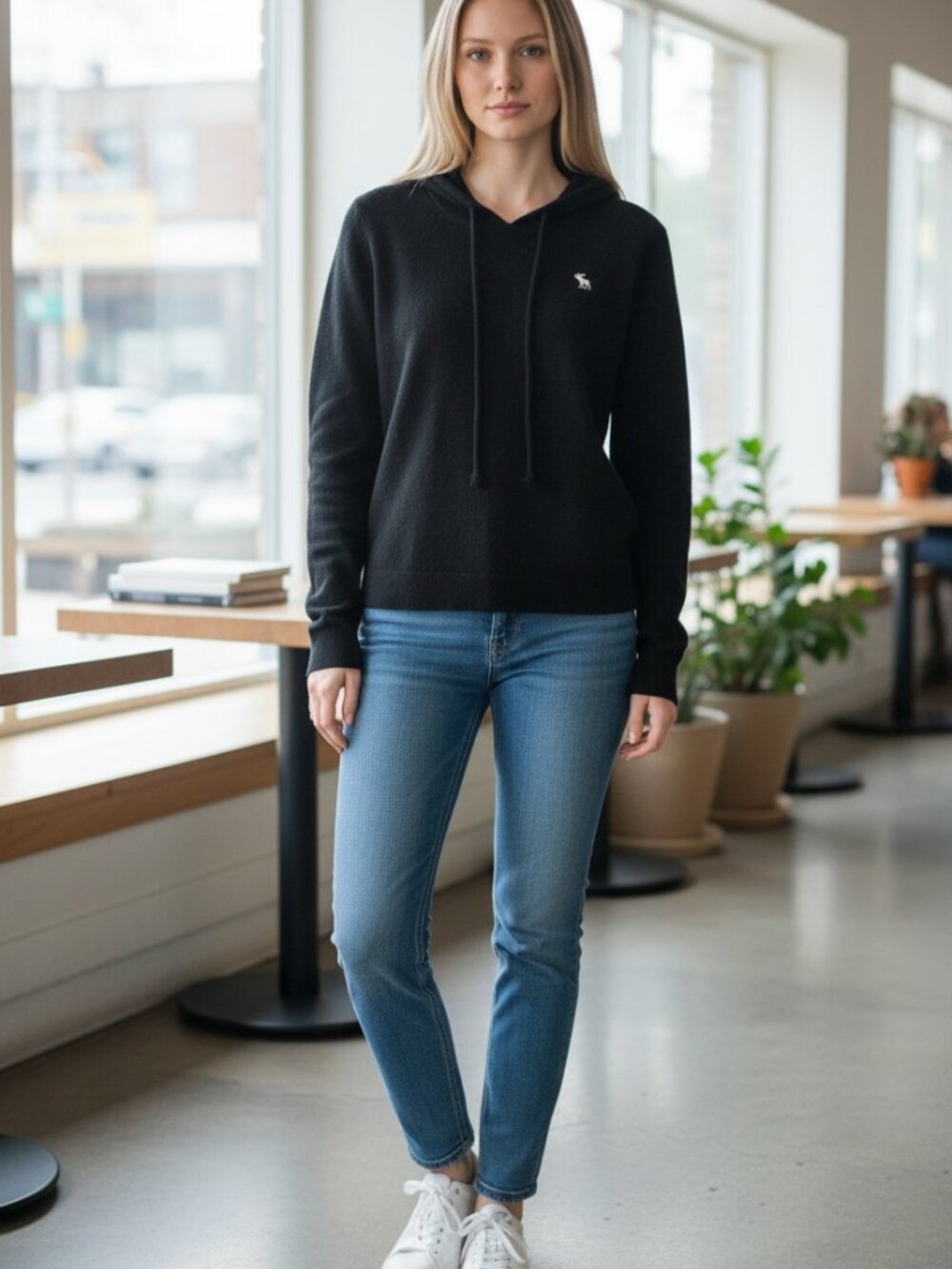 Abercrombie & Fitch Black Cashmere Blend Cropped Hoodie Moose Logo Size S